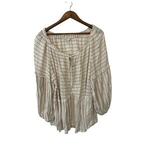 Women's Cato Linen Blend Peasant Boho Striped Top Size 26/28 Lagen Puff Sleeve